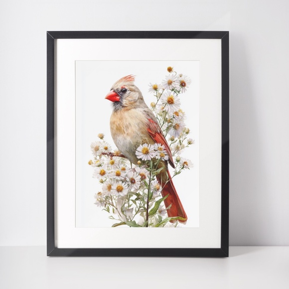 Watercolor Female Cardinal Bird with Flowers Wall Art Print Unframed - Picture 3 of 6